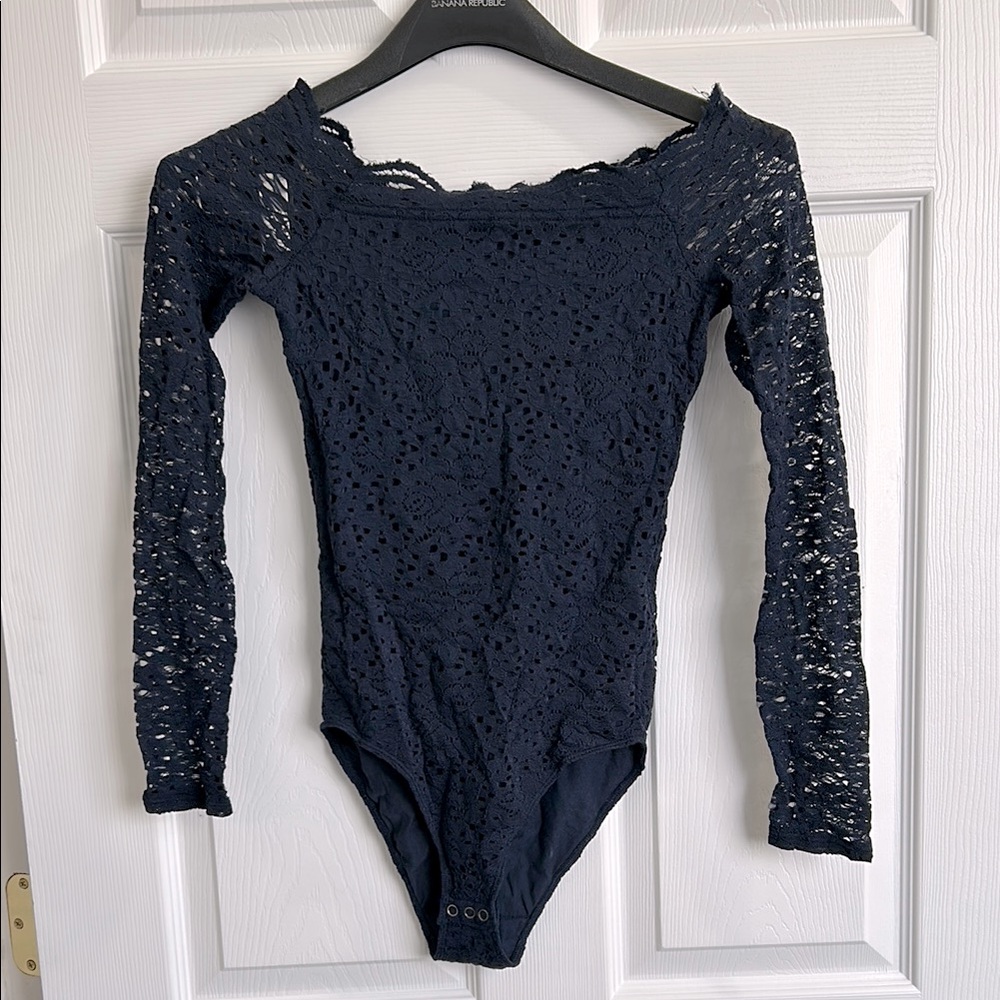 Hollister Navy Floral Lace Off-Shoulder Long Sleeve Bodysuit
